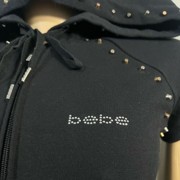 Bebe Set Studded Hoody Short sleeve zip close & Ruched Side Panel Crop Black XS - Picture 6 of 12